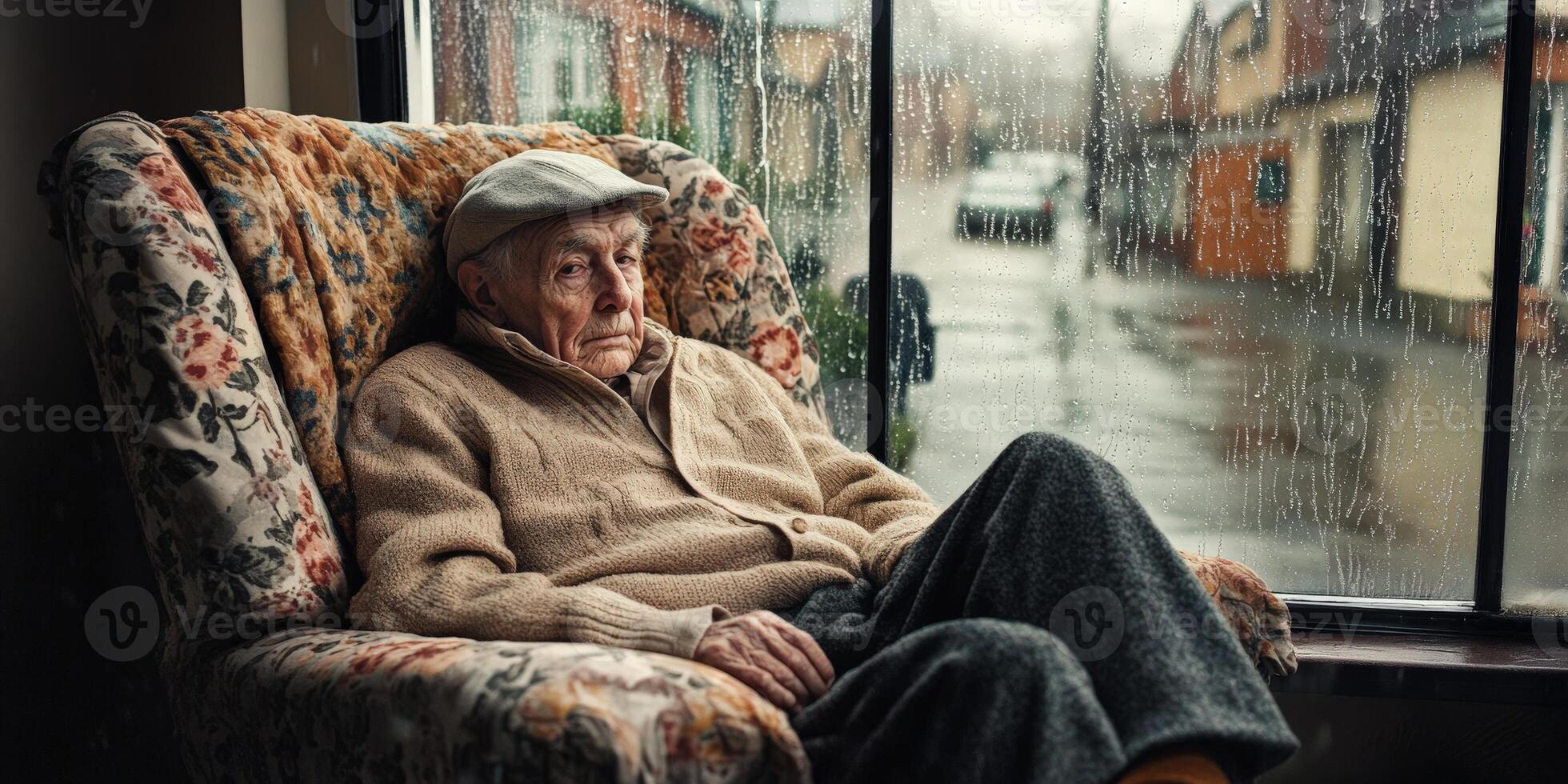 Elderly man reflecting on a rainy day while sitting by the window in a cozy living room photo