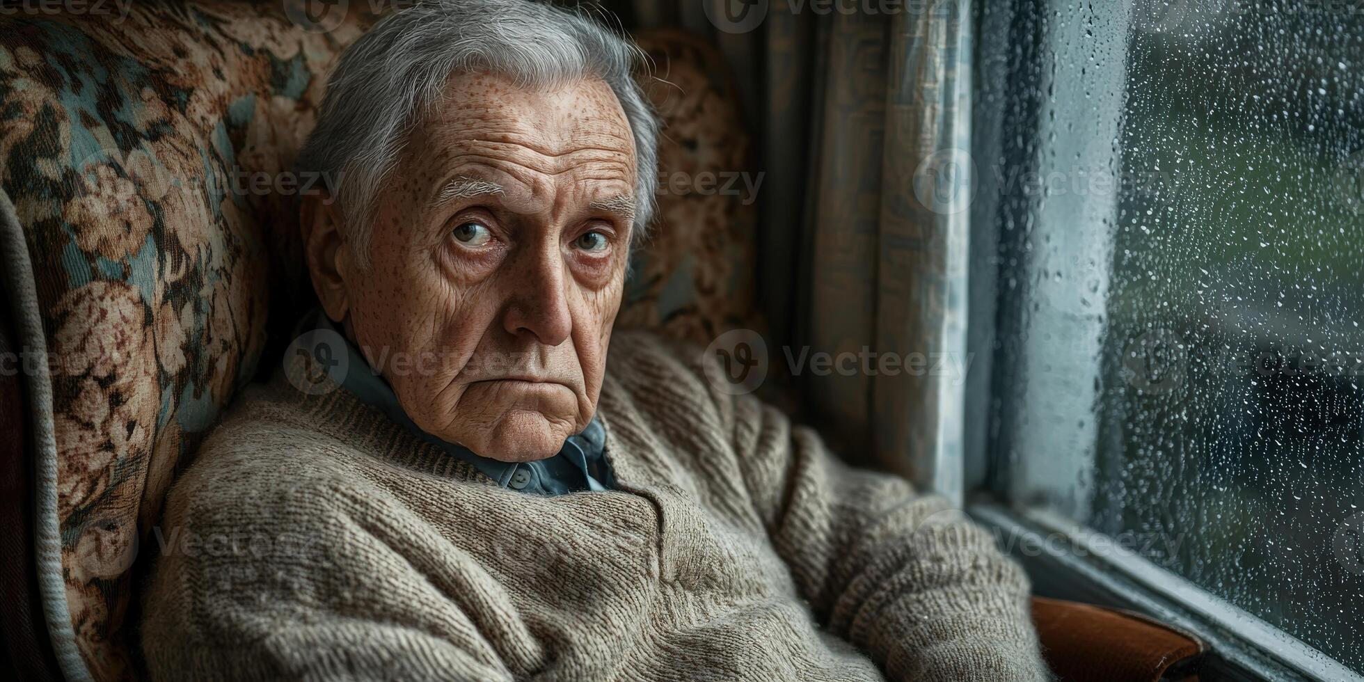 Elderly man gazes thoughtfully out of a rain-soaked window on a quiet afternoon at home photo