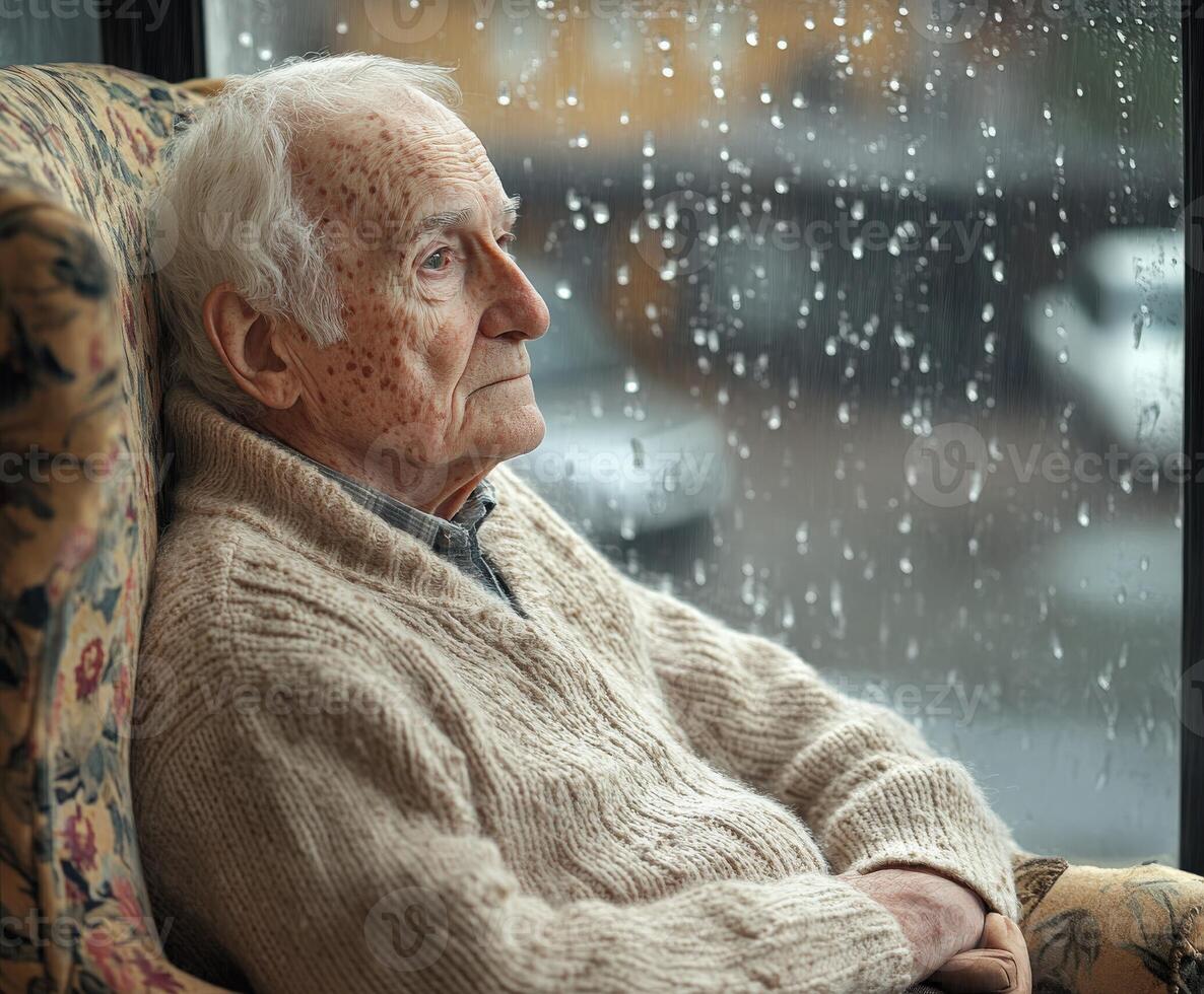 Elderly man reflecting by the window during a rainy day in a cozy living room setting photo