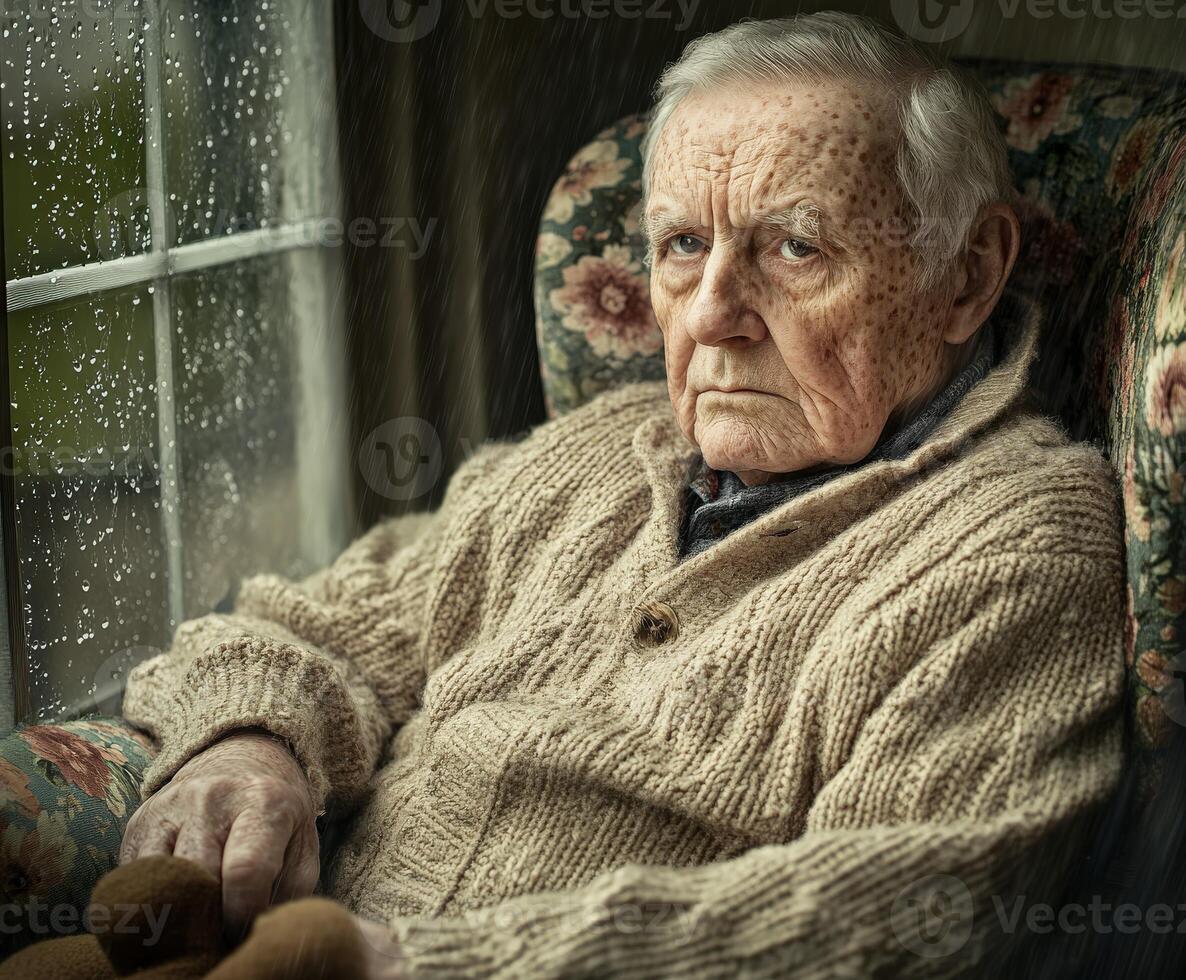 Elderly man gazing out a rainy window while seated in a cozy armchair at home on a gloomy afternoon photo