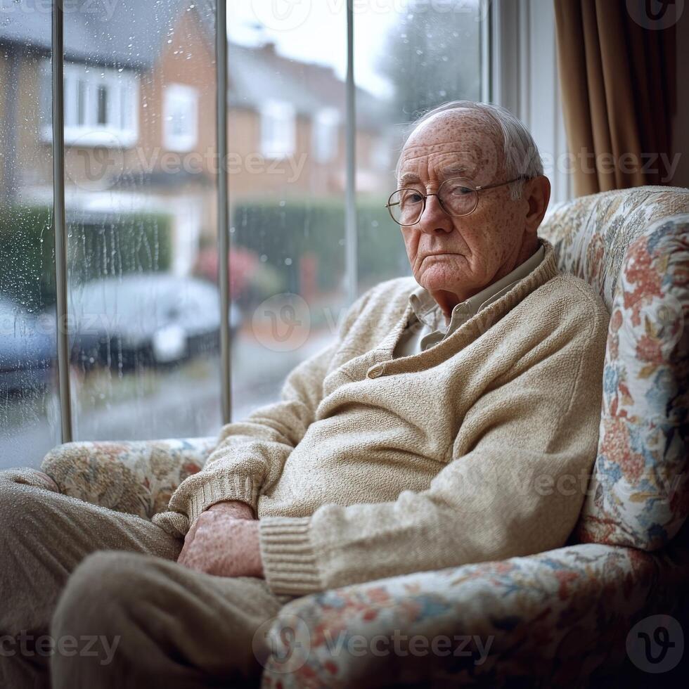 Elderly man sitting thoughtfully by a rain-soaked window in a cozy room during a dreary afternoon photo