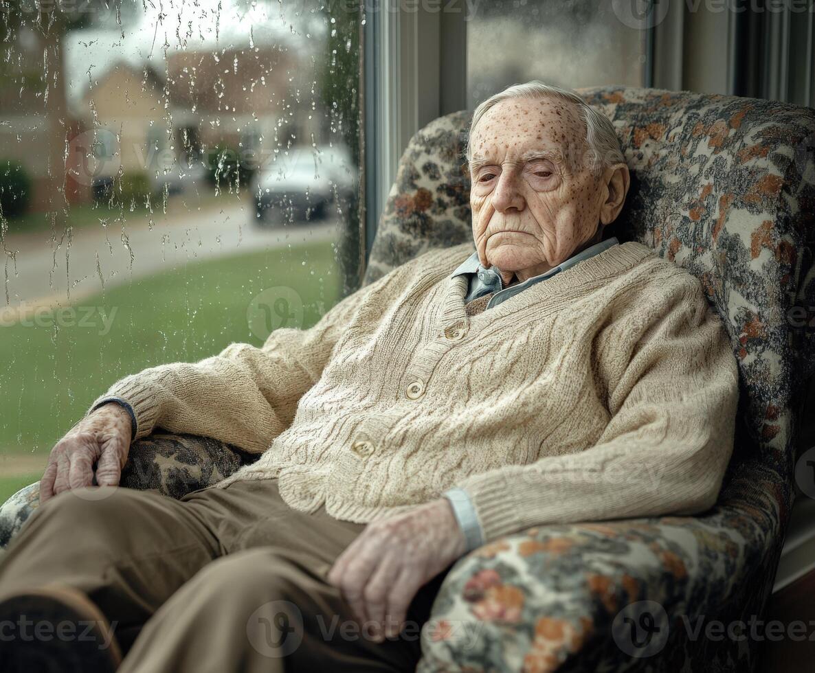 Elderly man sitting quietly in a cozy chair by the window on a rainy afternoon photo