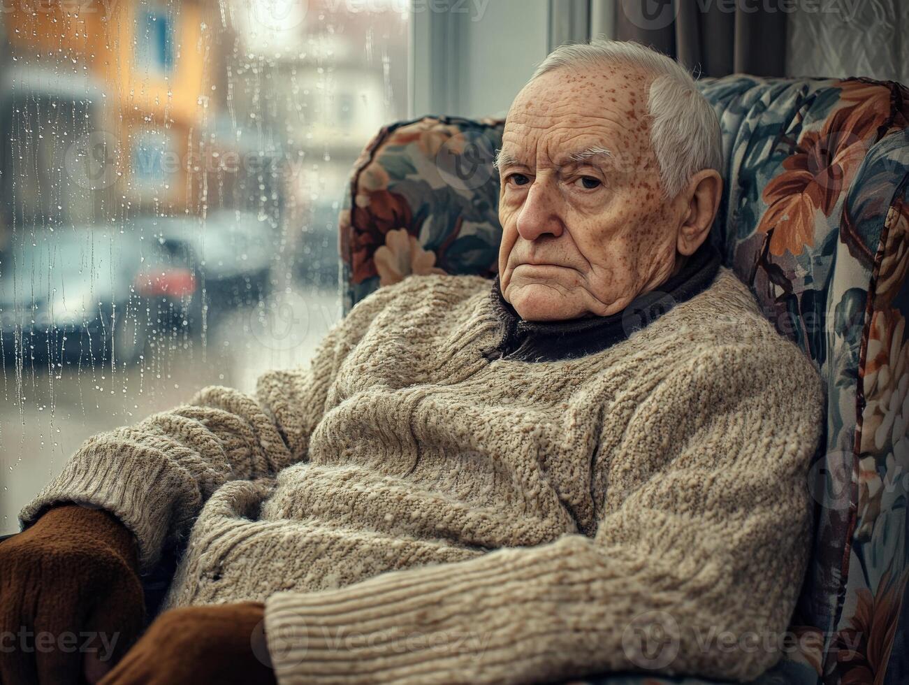Elderly man sits thoughtfully in a cozy chair while rain falls outside on a chilly day photo