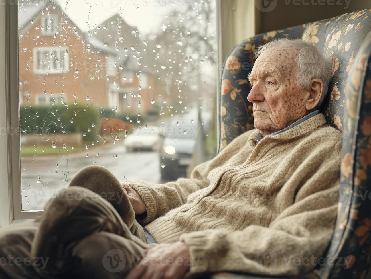 Elderly man gazes thoughtfully out the window while rain falls in a cozy living room during a cloudy day photo