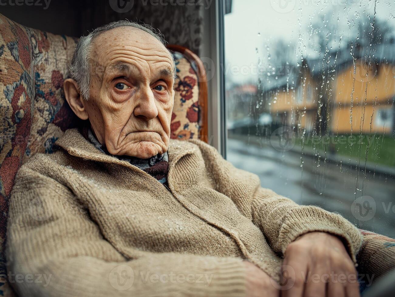 Elderly man sits quietly by the window on a rainy day, reflecting on memories in a cozy living room setting photo