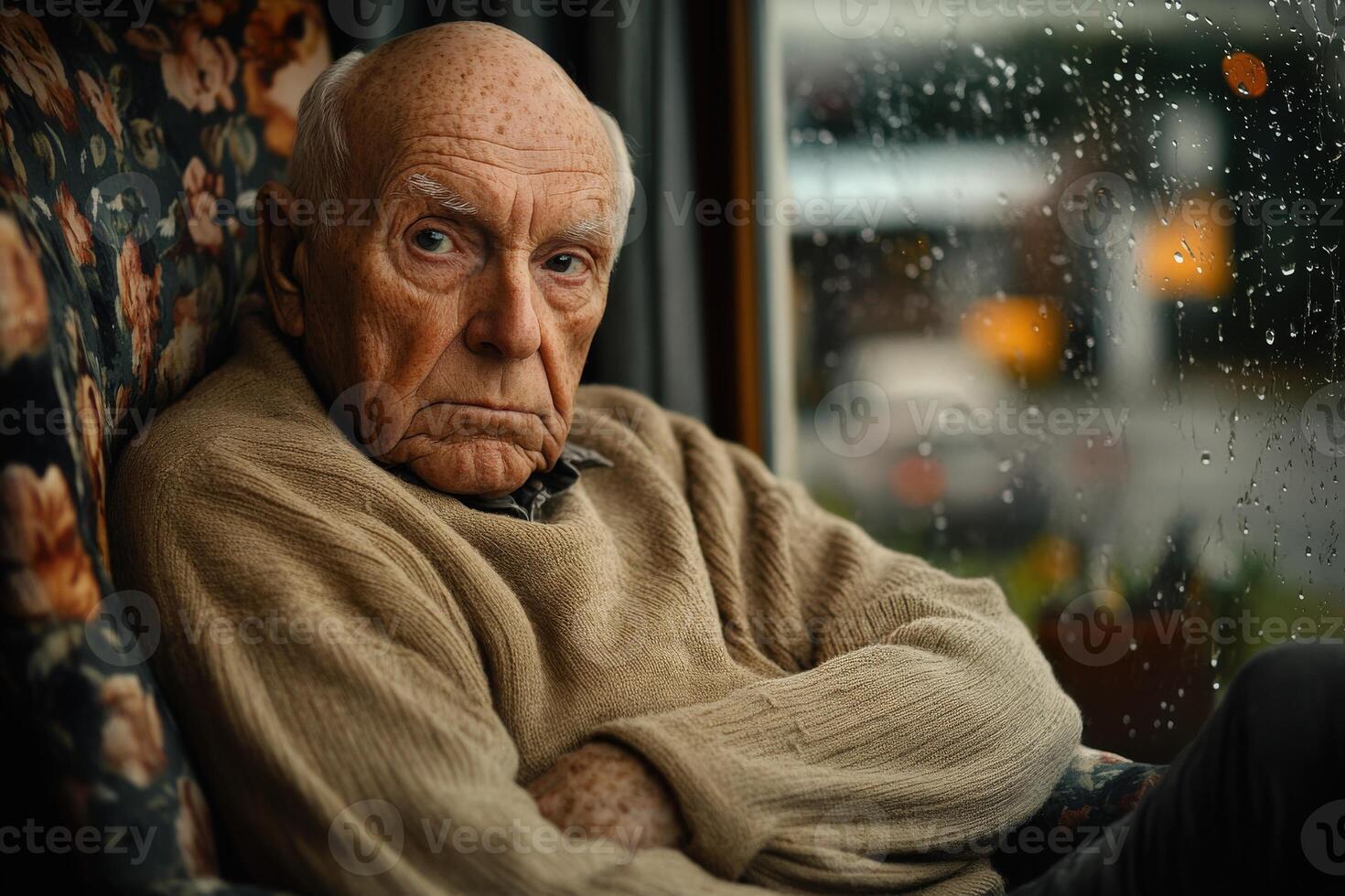 Elderly man sitting thoughtfully by a rain-soaked window in a cozy armchair during a quiet afternoon photo