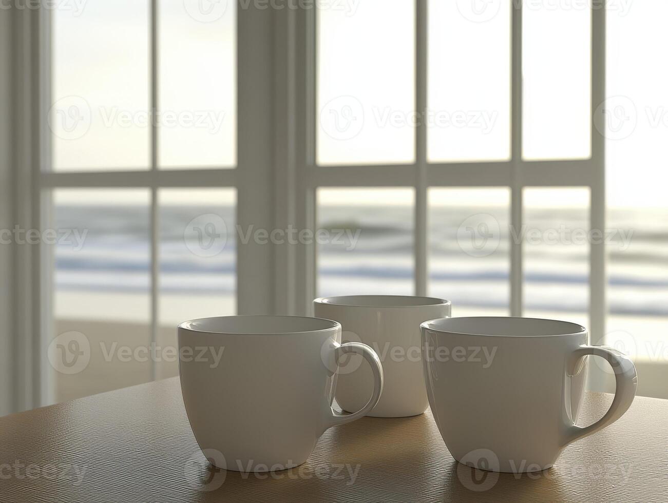 Enjoying morning coffee at the beach with a view of the ocean and sunlight filtering through large windows photo