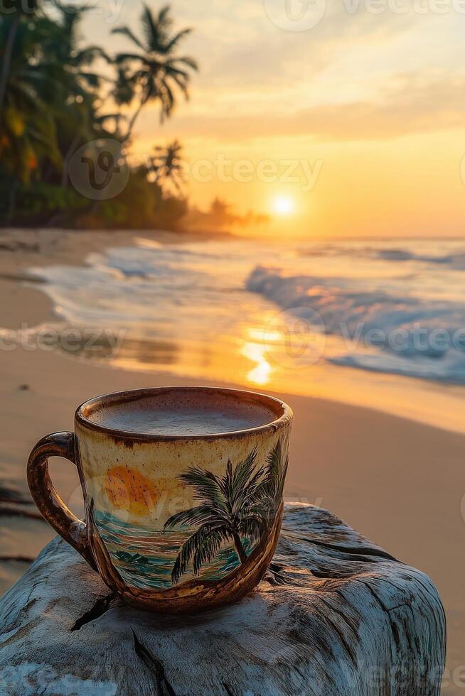 Enjoying coffee by the beach at sunrise with waves crashing and palm trees in the background photo