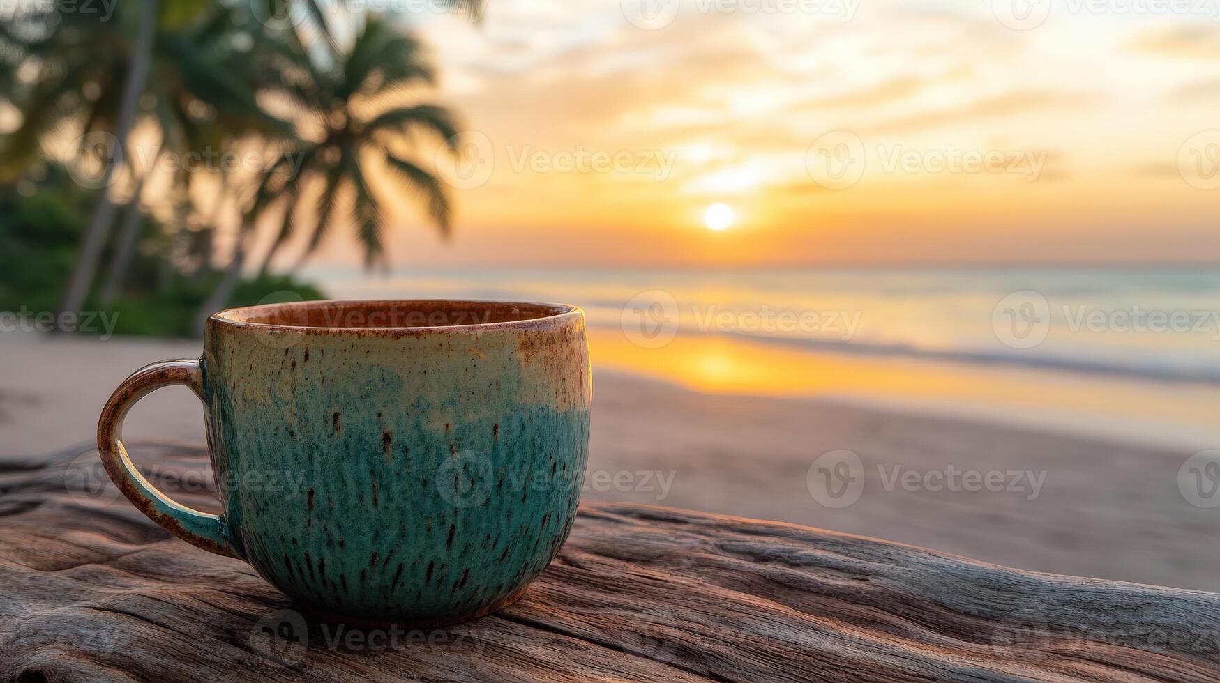 Enjoying a tranquil morning coffee by the ocean during sunrise with palm trees in the background photo