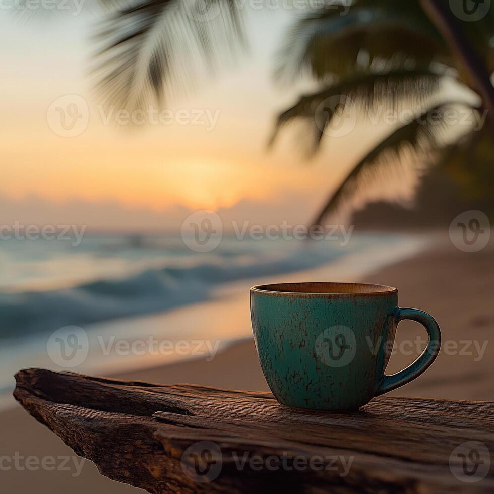 Enjoying coffee by the beach at sunrise with palm trees and gentle waves in the background photo