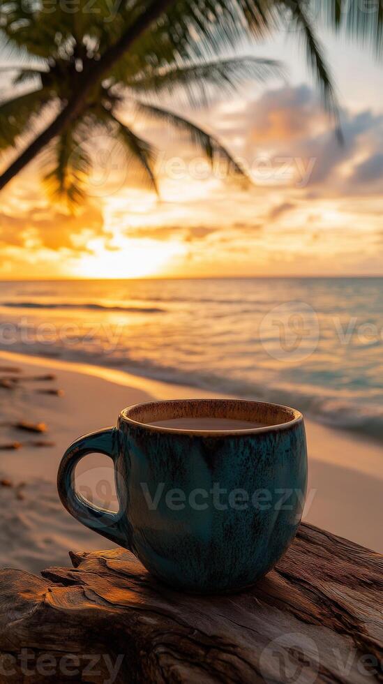 Enjoying morning coffee by the beach at sunrise with palm trees swaying gently in the warm tropical breeze photo