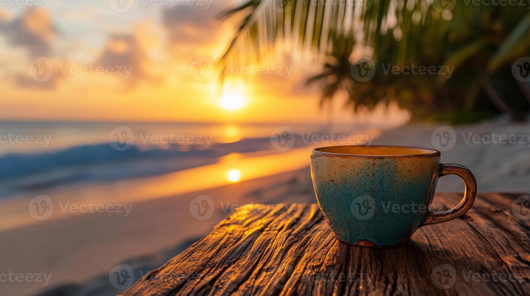 Sunset over the ocean with a vibrant cup of coffee placed on a rustic wooden table photo