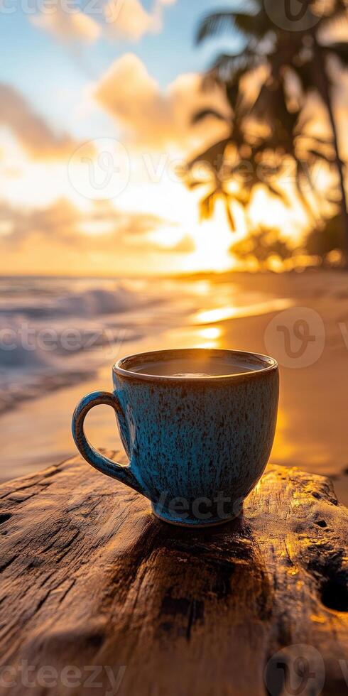 Morning coffee by the beach at sunset with palm trees, creating a tranquil moment of relaxation and peace photo