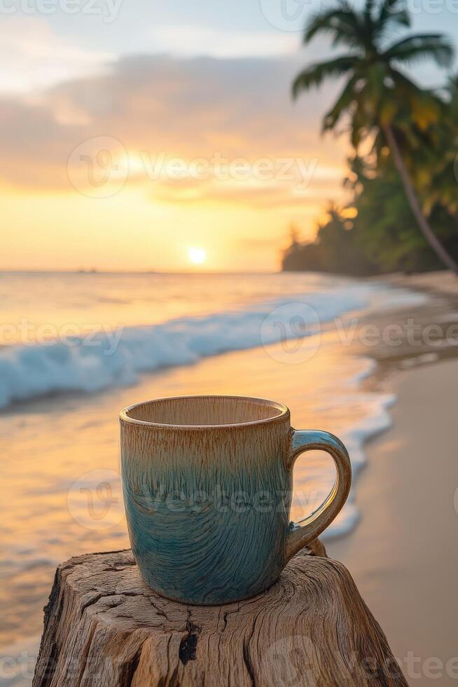 Enjoying a warm cup by the beach at sunrise in a tropical paradise with gentle waves and palm trees photo