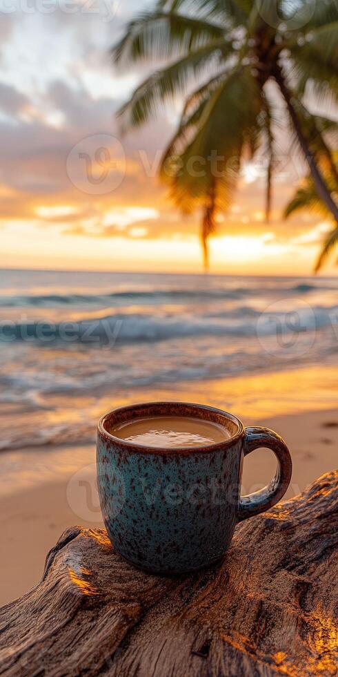 Enjoying coffee on a tropical beach at sunrise with palm trees and gentle waves lapping the shore photo