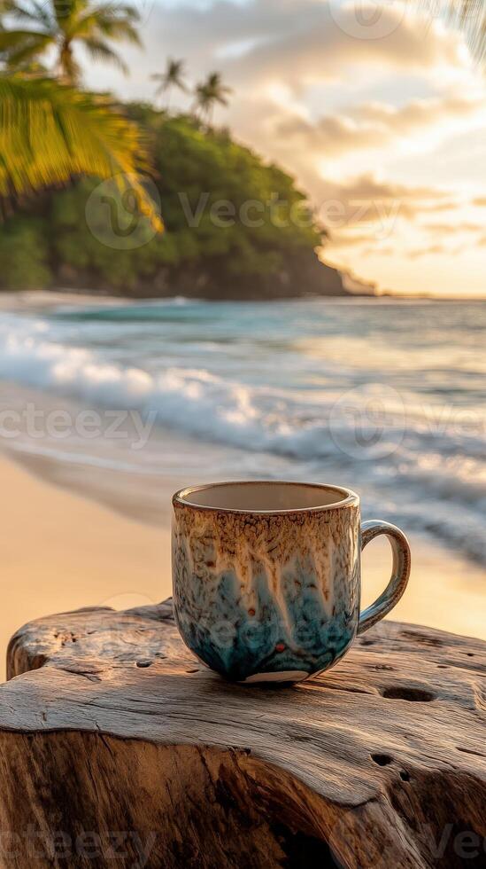 Sunrise on the beach with a steaming cup of coffee resting on a wooden log by the ocean photo
