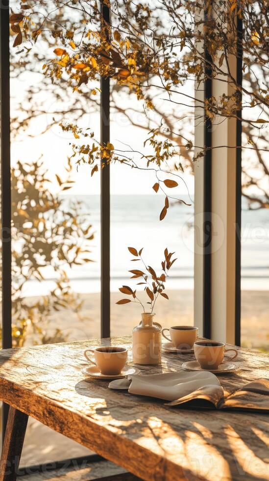 Morning tea on a wooden table by the window with a beach view during golden hour photo
