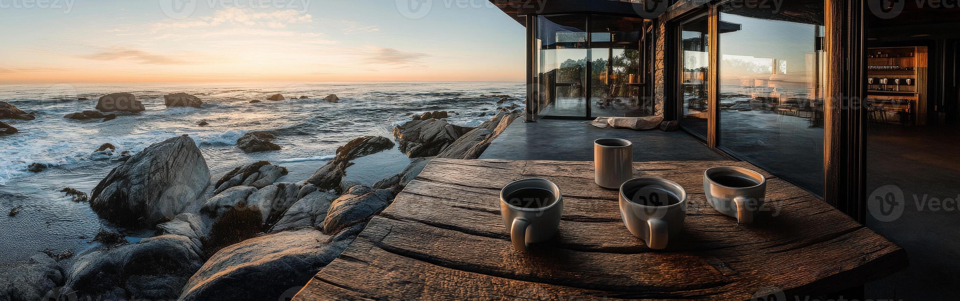 Cozy morning with coffee overlooking serene ocean at sunrise from a modern seaside cabin photo