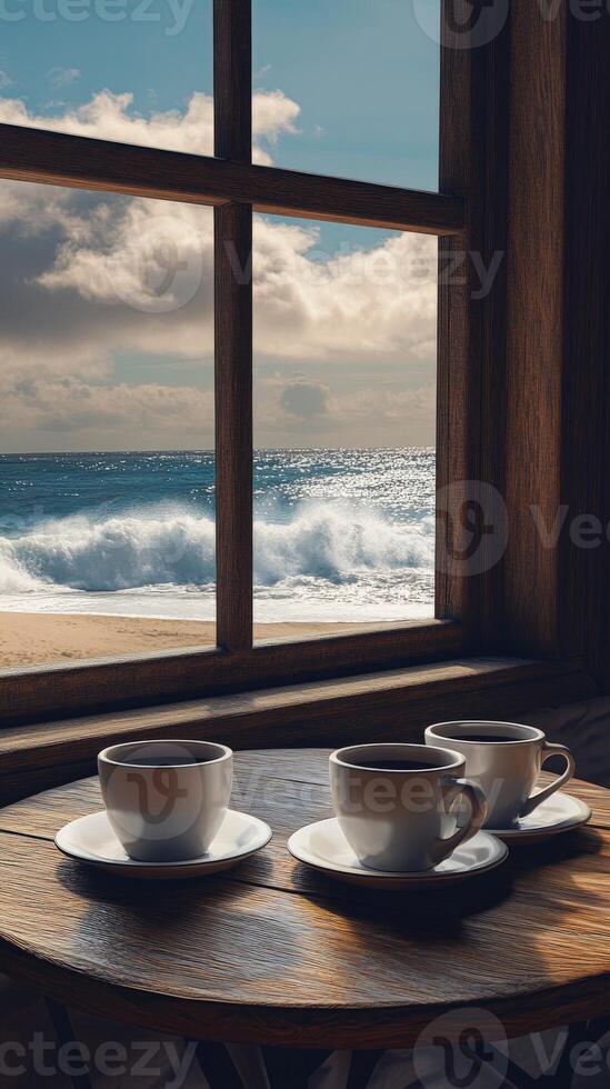 Enjoying coffee with a stunning ocean view from a cozy seaside window during a sunny day photo