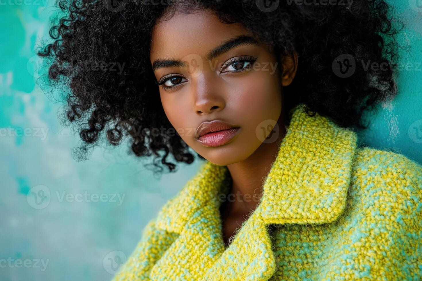 Models showcase vibrant boucle fabric in striking fashion shoot against a textured green backdrop photo