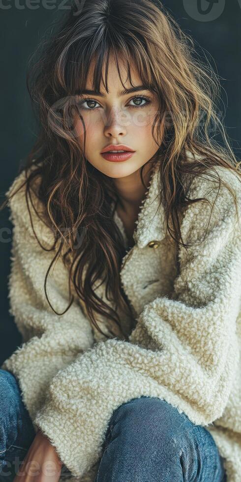 Fashionable model showcases boucle fabric in casual indoor setting with natural light, highlighting modern style and relaxed vibes photo