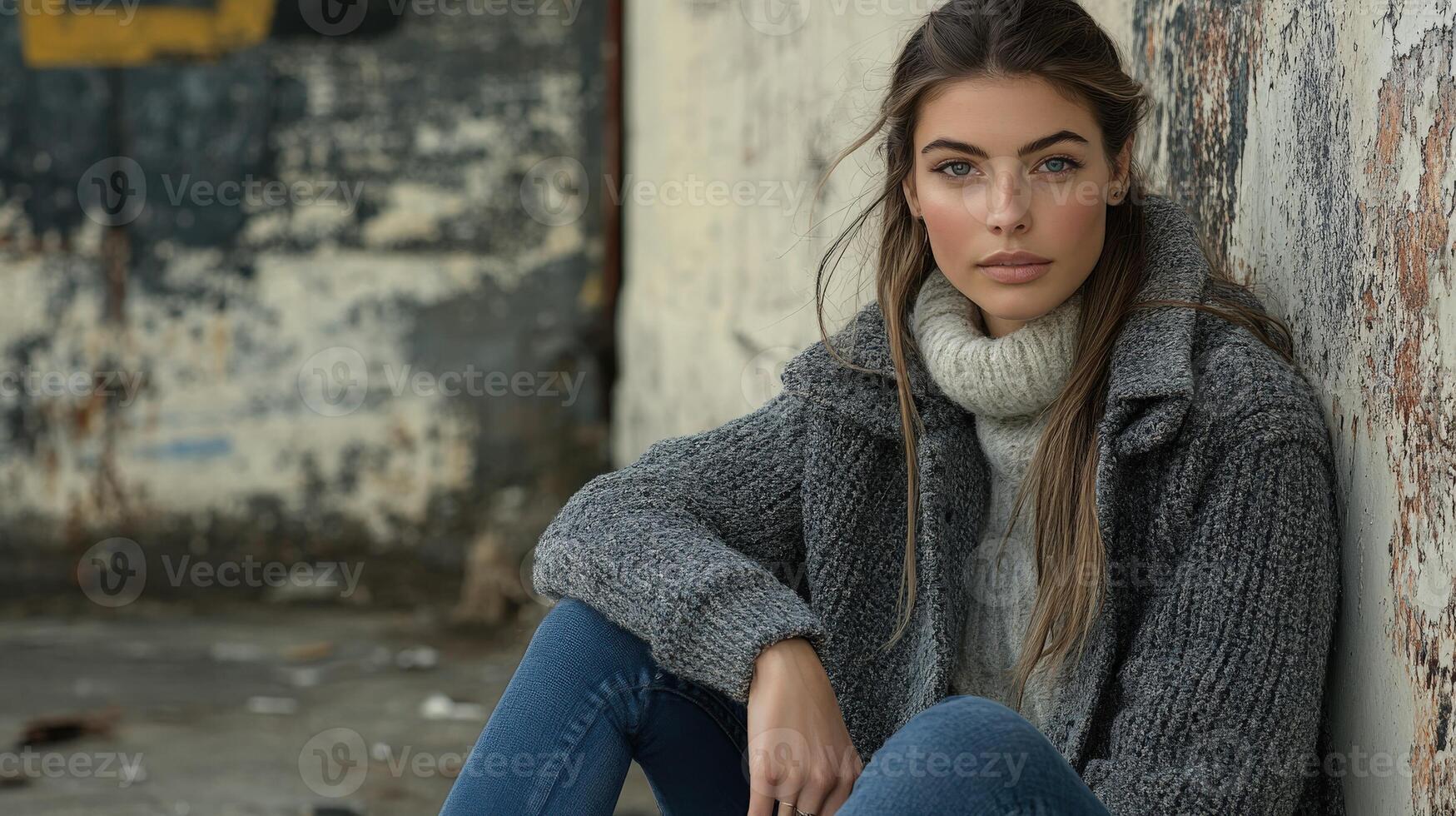 Fashionable model showcases boucle fabric in urban setting, paired with casual jeans for a chic look photo