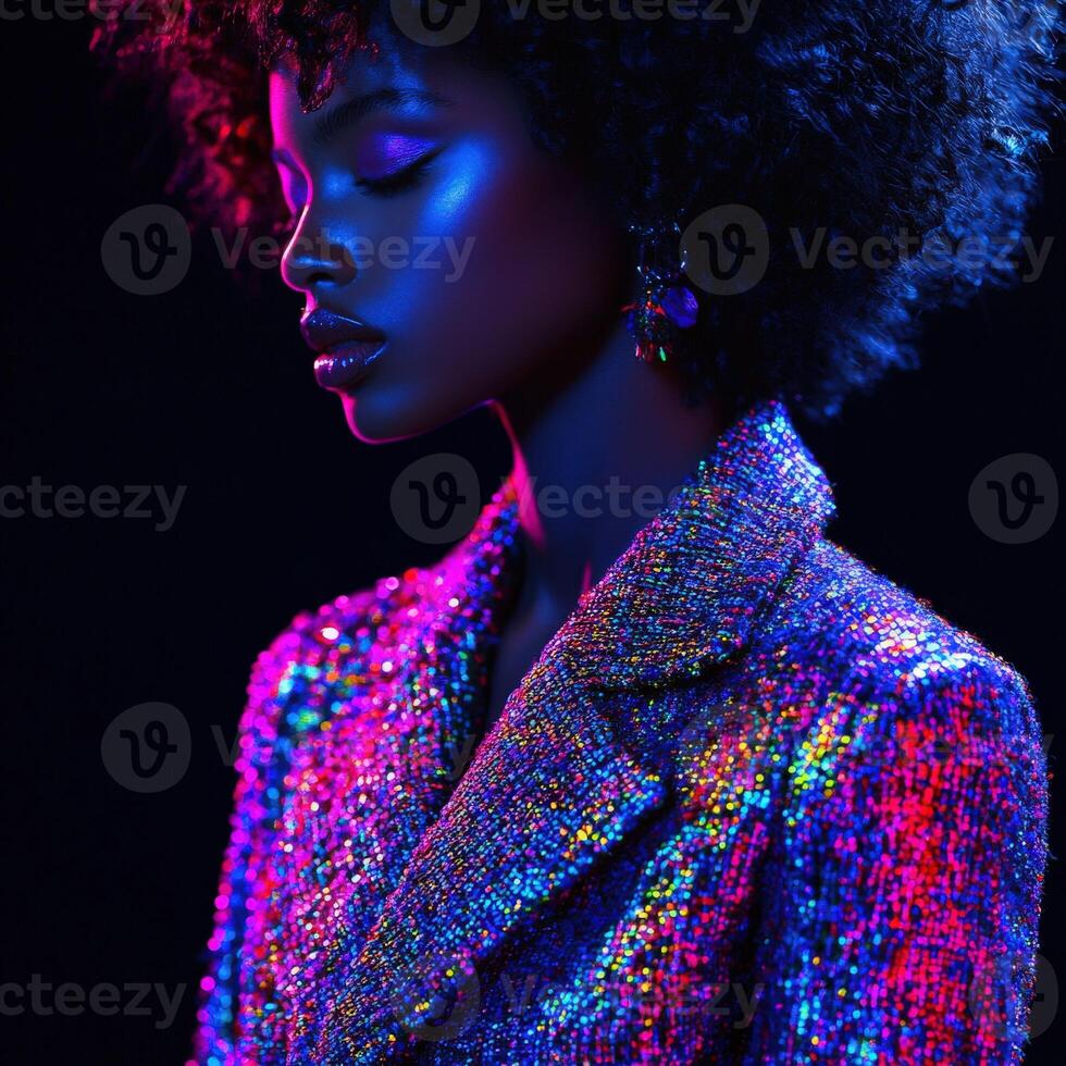 Brightly shimmering fashion moment captured with boucle fabric in a studio setting featuring vivid colors and dynamic lighting photo
