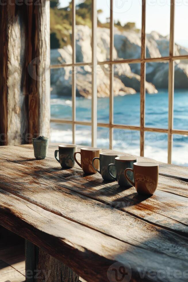 Morning light floods a rustic wooden table with five ceramic mugs overlooking a serene coastal view photo