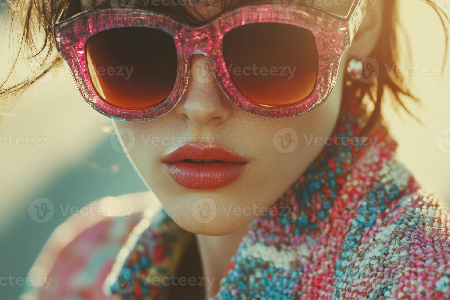 Trendy fashion model showcases boucle fabric and vibrant sunglasses during a sunny outdoor photoshoot photo