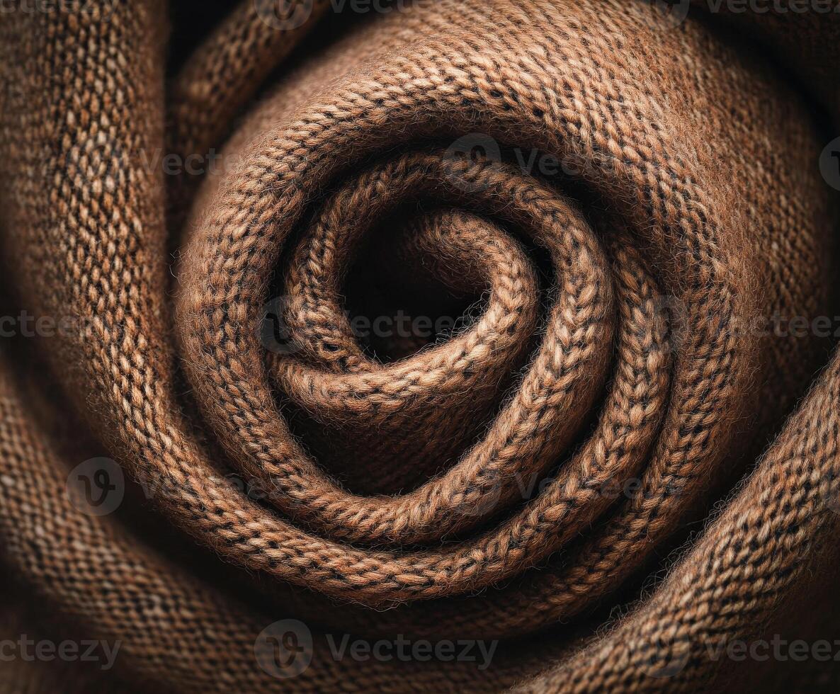 Soft brown wool blanket rolled tightly on a textured surface, showcasing detailed weaving patterns photo