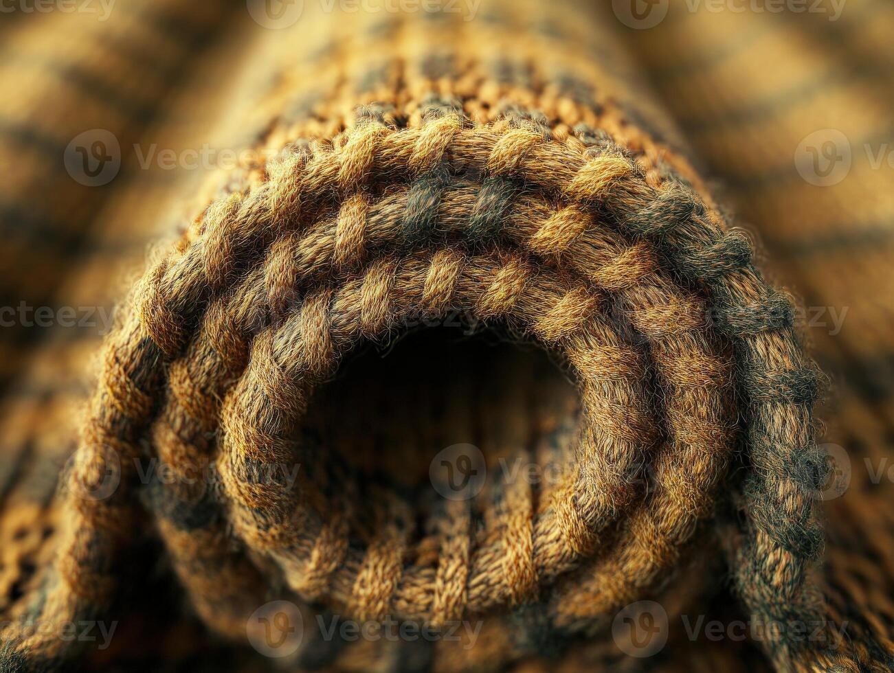 Warm knitted blanket rolled up in a cozy arrangement, perfect for autumn evenings photo