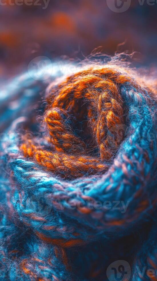 Vibrant roll of yarn showcasing intricate textures and colors in a soft, cozy arrangement photo