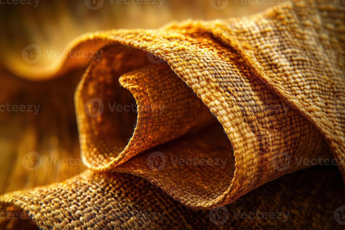 Textured fabric rolls captured in warm lighting highlighting intricate details and patterns in a close-up view photo