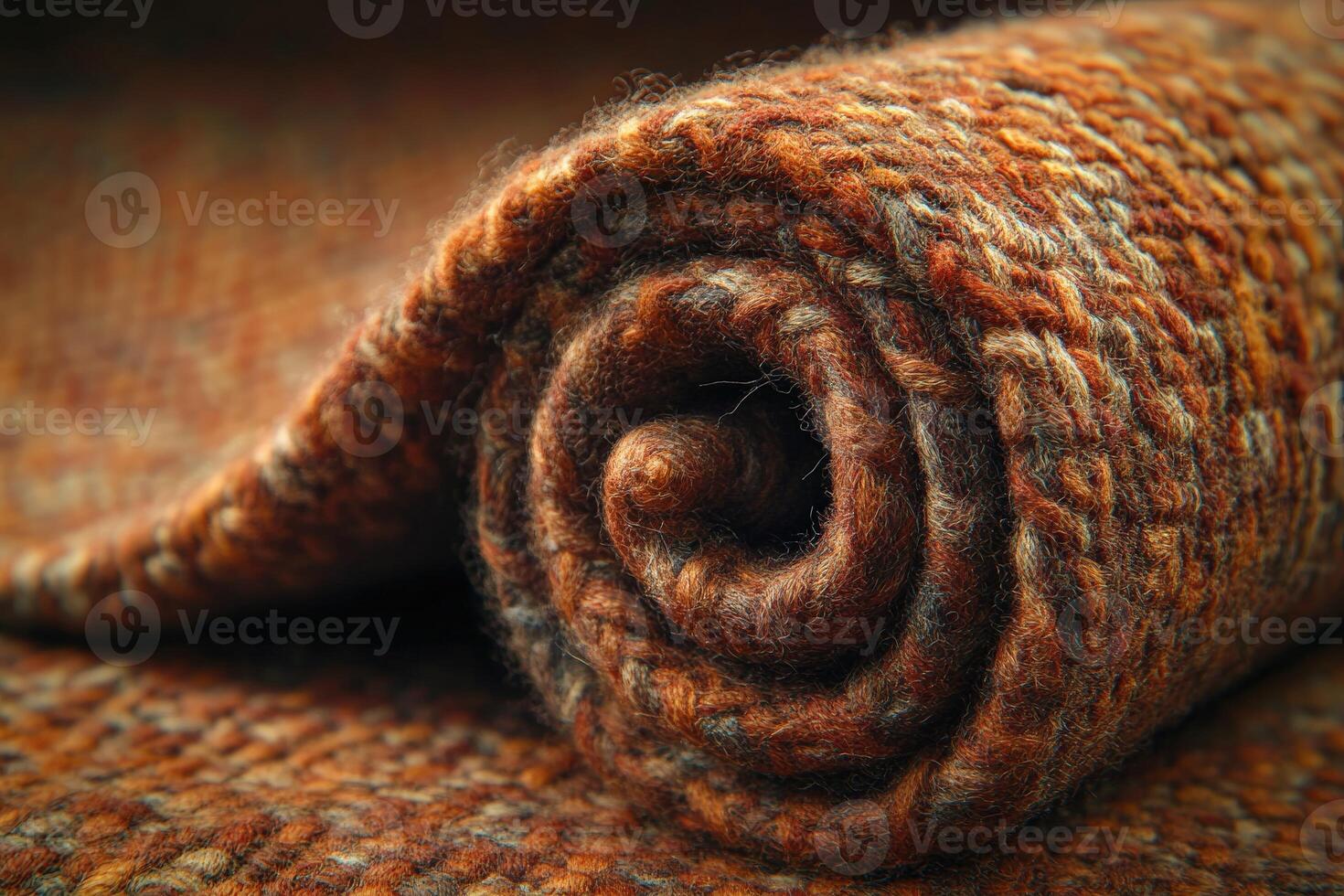 Warm woolen blanket elegantly rolled up on textured surface in cozy setting photo