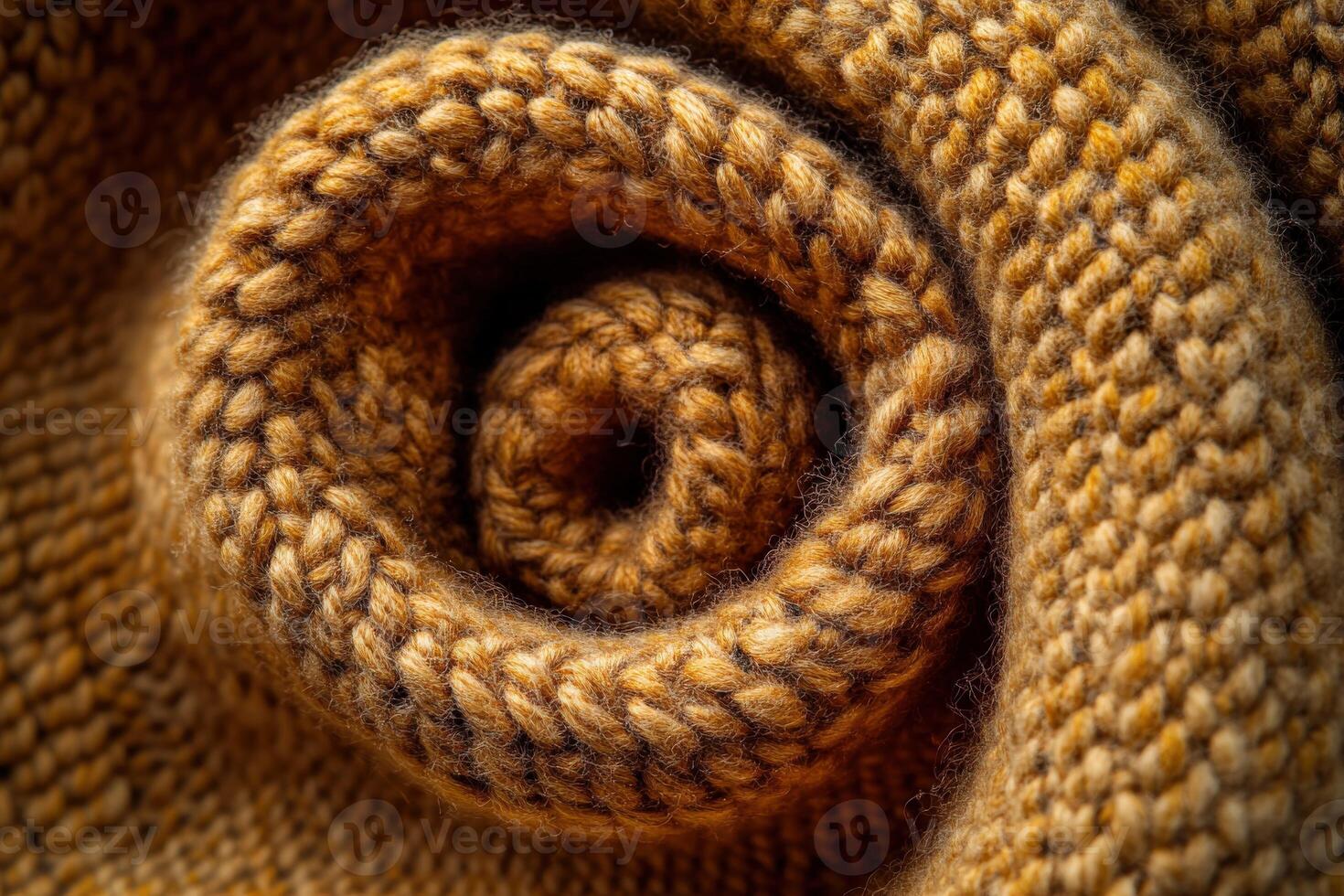 Close-up of textured golden yarn in a spiral pattern showcasing intricate knit design and craftsmanship photo