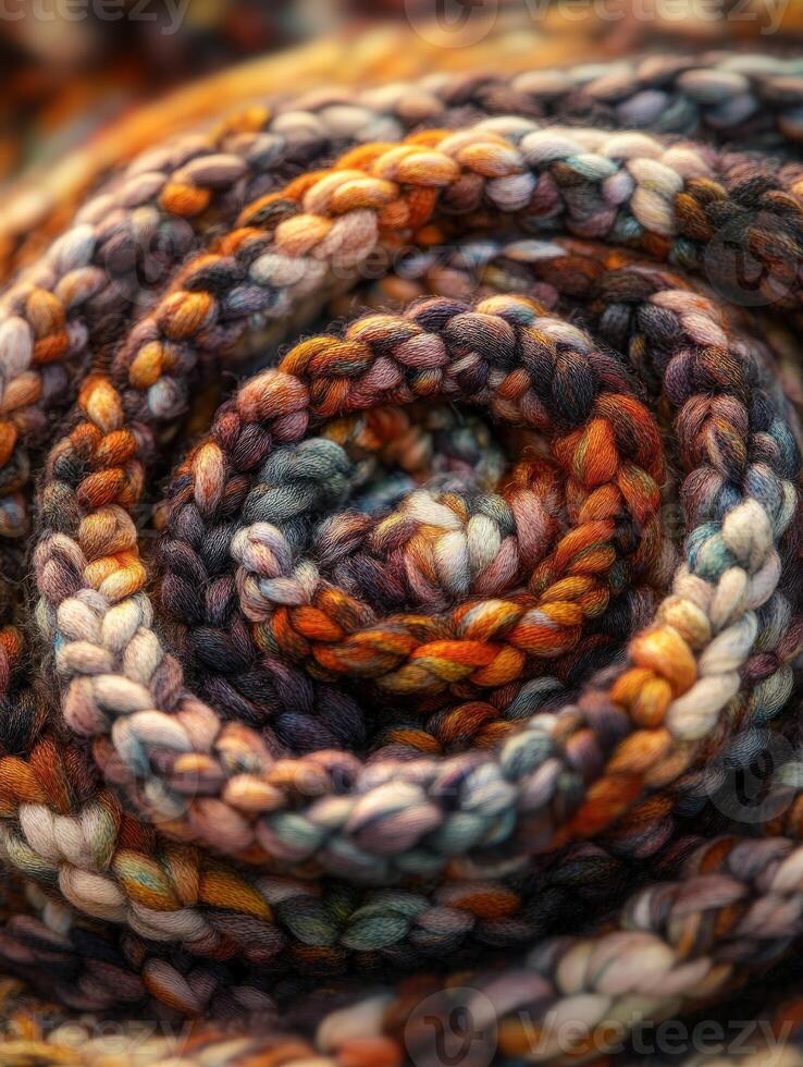 Colorful spiral of handcrafted yarn displaying intricate patterns in warm tones during daylight photo