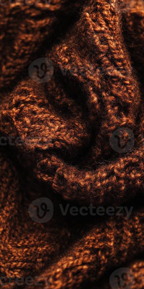 Textured brown knitted fabric showcasing intricate patterns and warm tones in a cozy indoor setting photo
