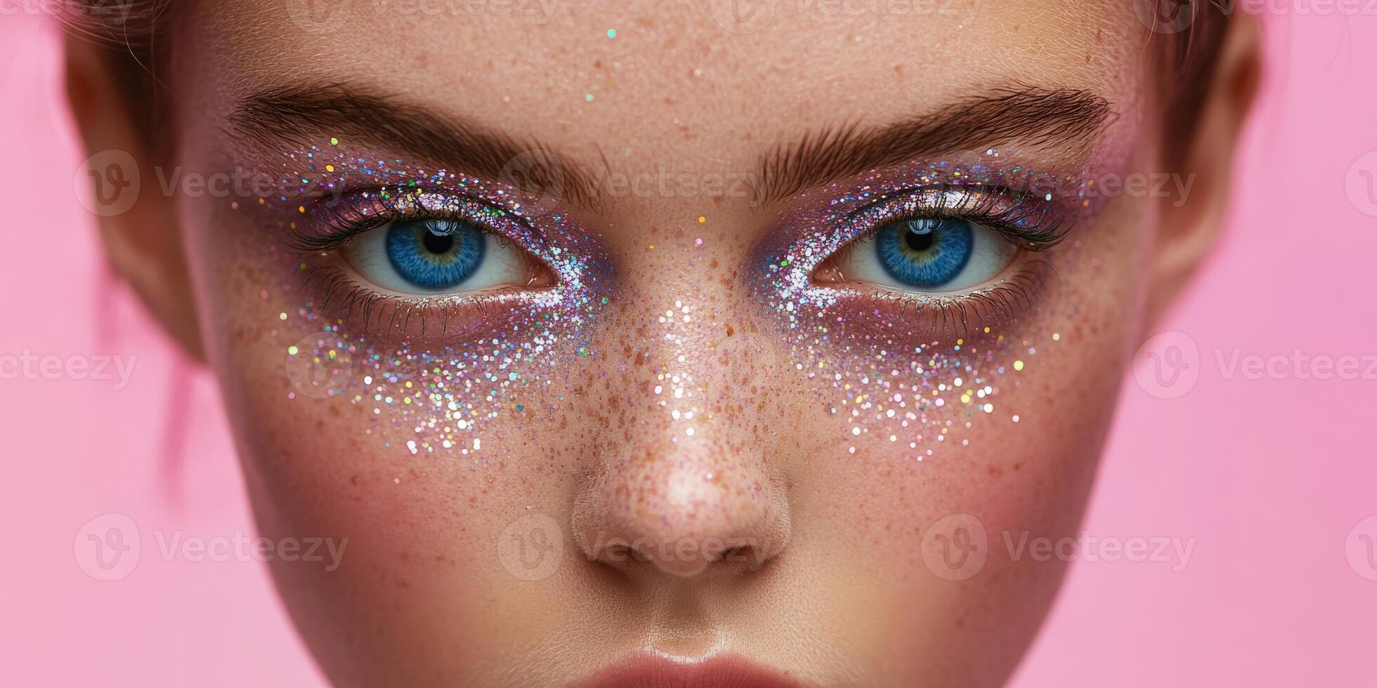 Brightly illuminated face adorned with colorful glitter and stunning blue eyes against a soft pink backdrop photo
