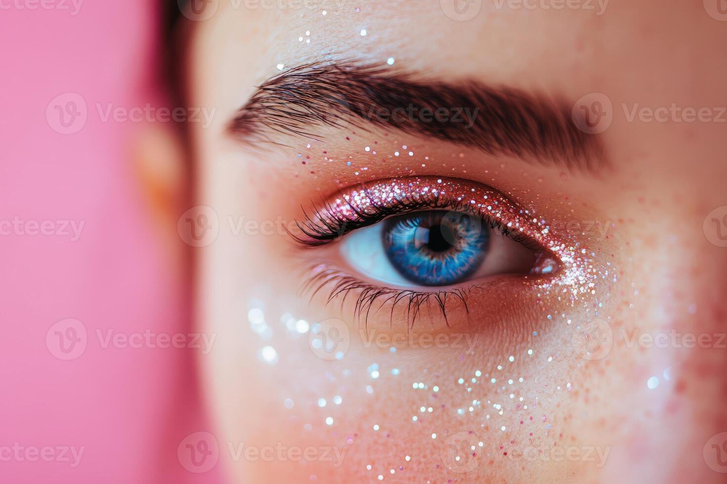 Sparkling glitter makeup accentuates bright blue eye with striking contrast against soft pink background photo