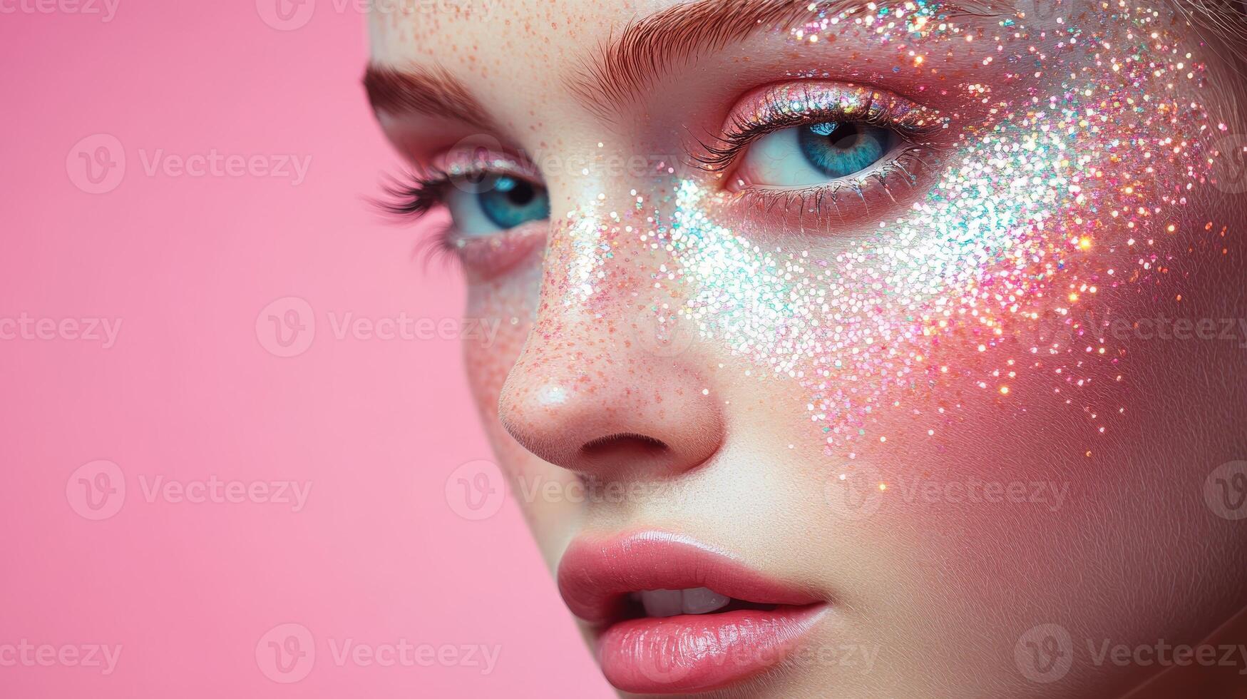 Sparkling beauty look with glitter and pastel accents, highlighting vibrant blue eyes and fresh skin photo