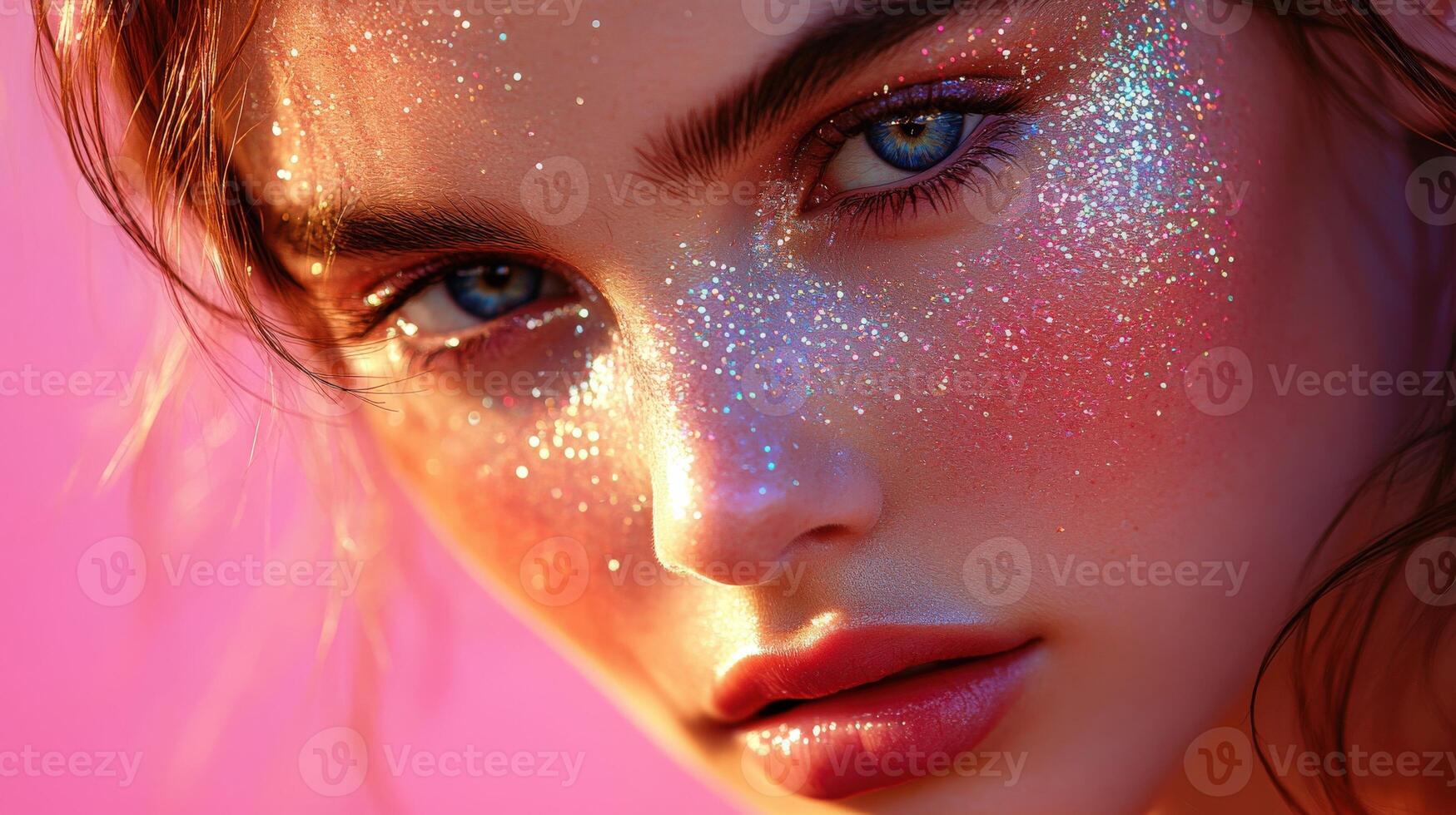 Radiant beauty with glitter makeup showcasing vibrant colors against a bright pink background photo