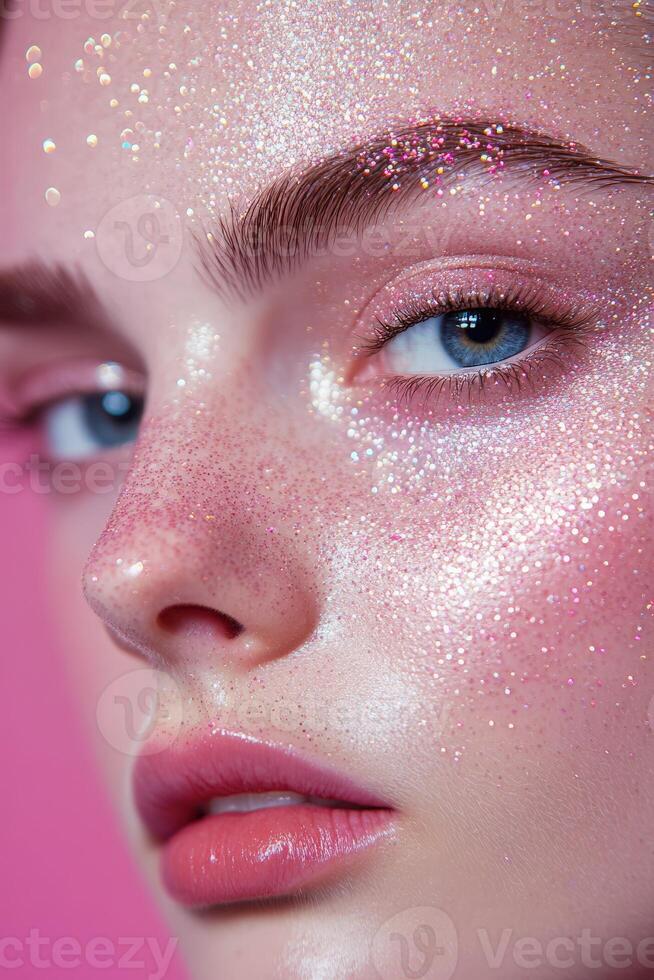 Shimmering beauty look with glitter makeup and glowing skin showcases artistic expression and vibrant colors photo