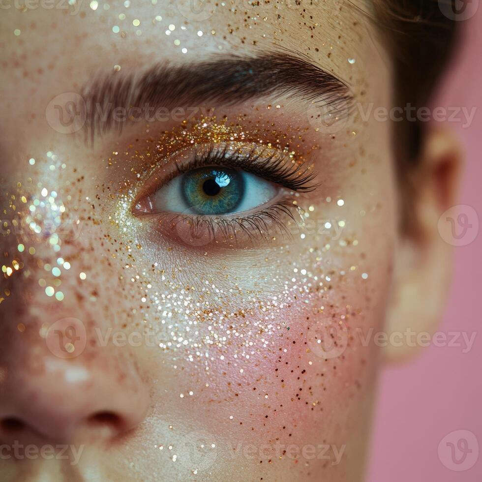Close-up of a person's eye adorned with golden glitter on a soft pink background showcasing a creative beauty trend photo
