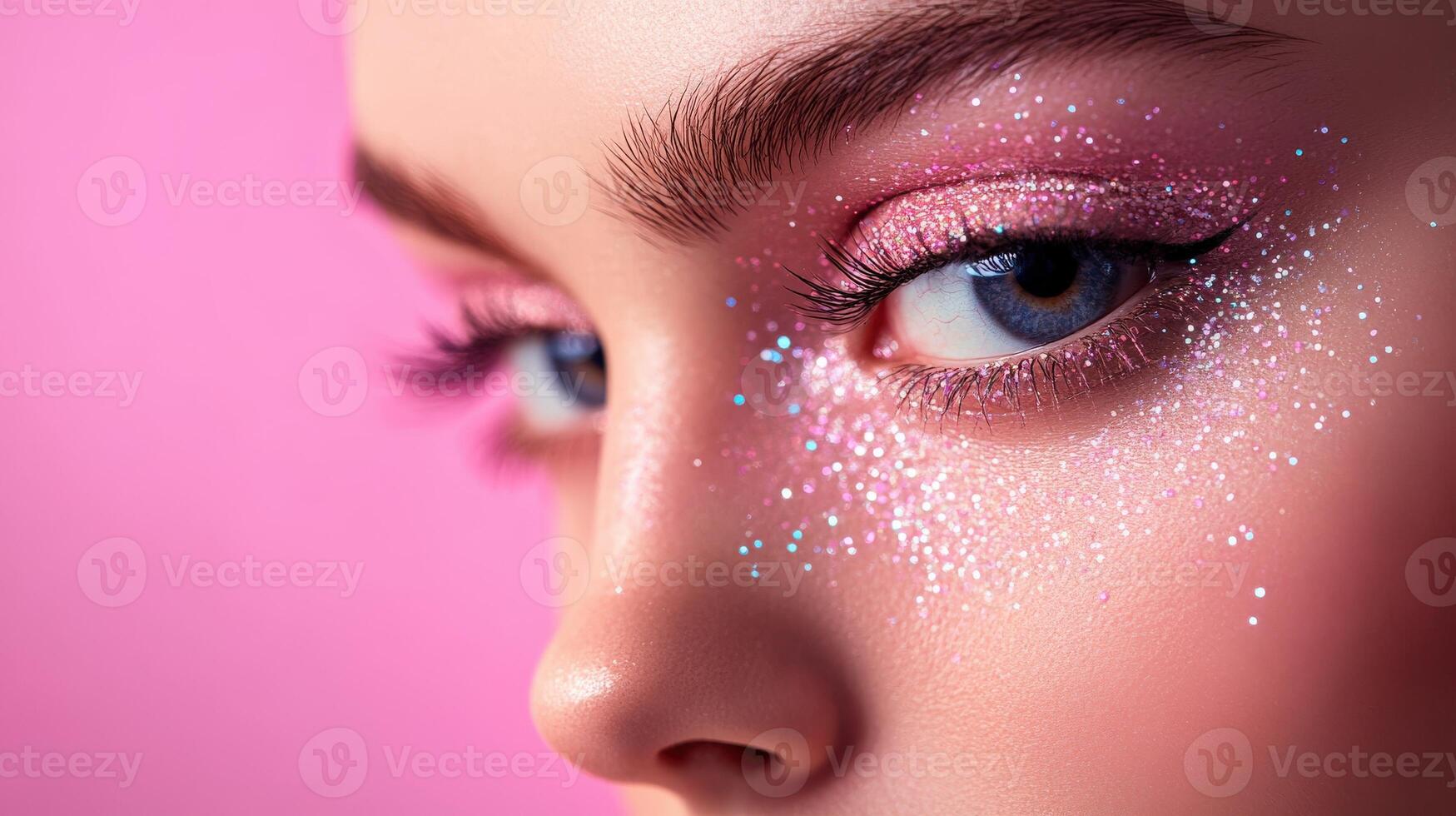Close-up of a stunning eye showcasing pink glitter makeup against a vibrant pink background, highlighting beauty and creativity photo