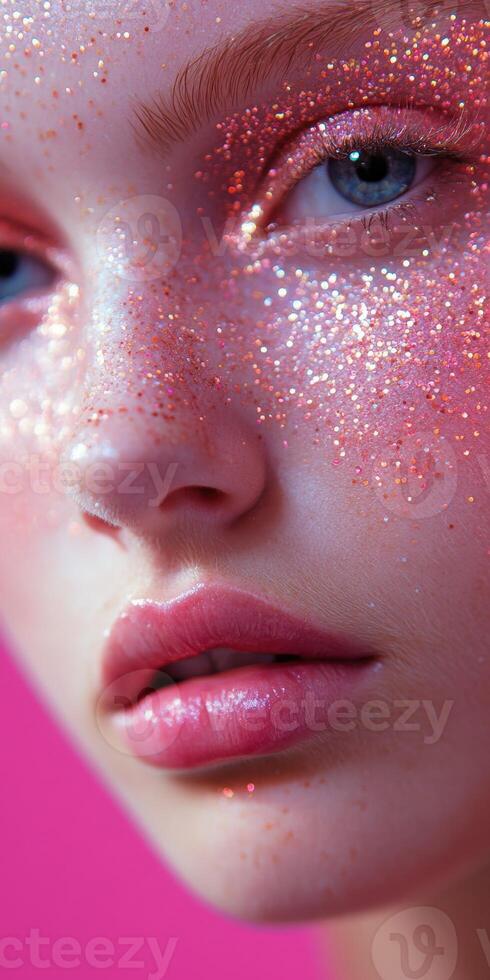 Close-up of a woman's face adorned with shimmering glitter against a vibrant pink background photo