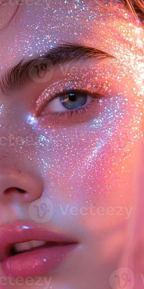 Bright glitter makeup enhances features and adds sparkle to beauty in closeup shot photo