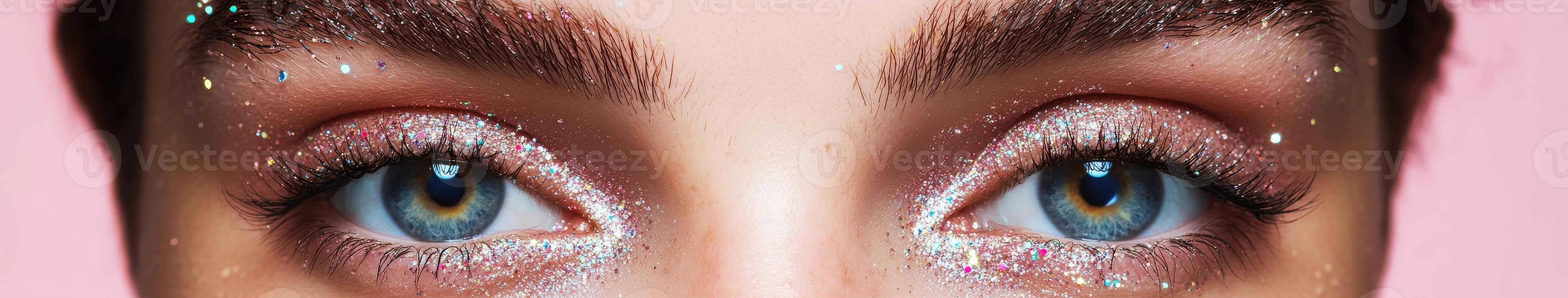 Close-up view of sparkling glitter makeup accentuating blue eyes against a soft pink background photo