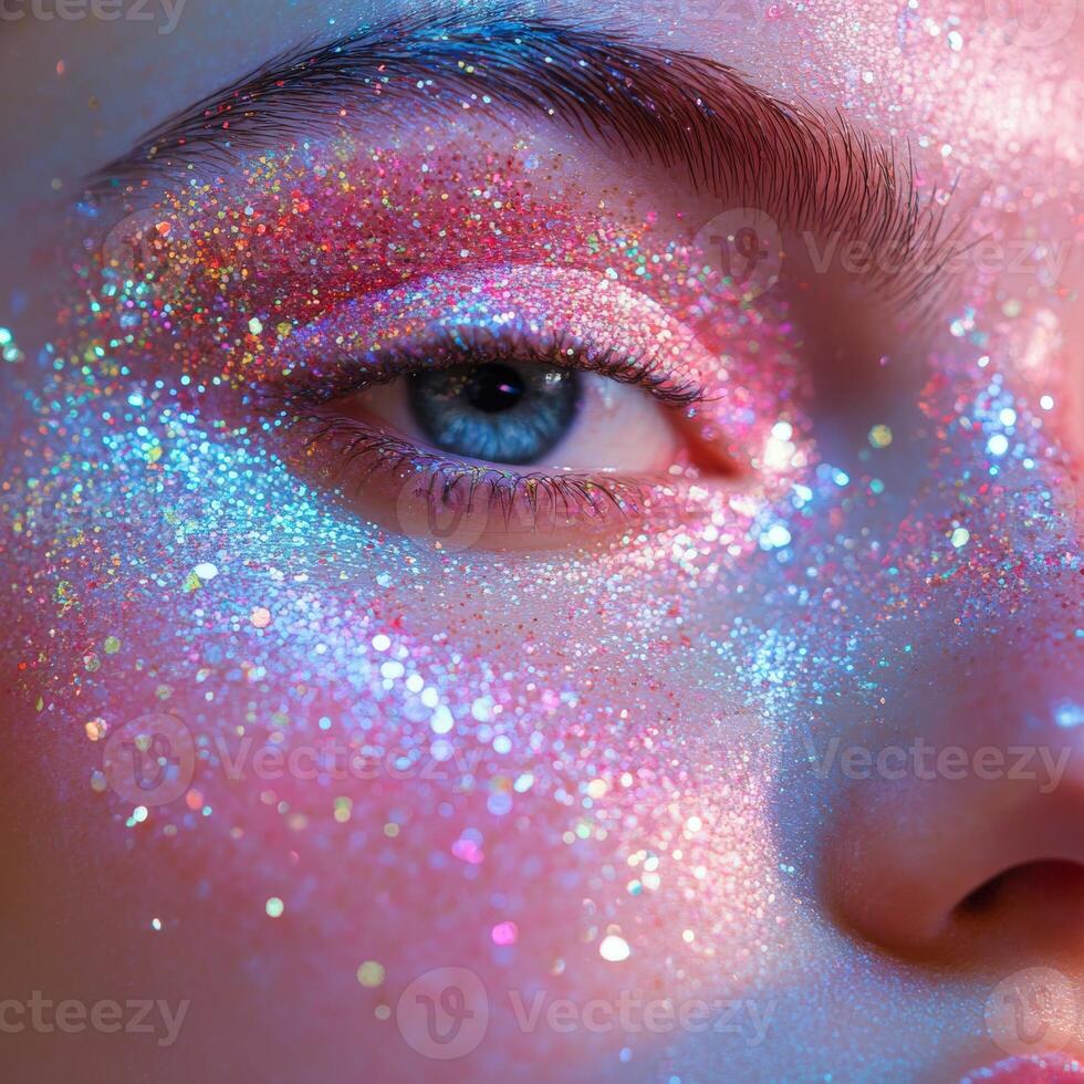 Shimmering beauty with vibrant glitter makeup accentuating the eye with a colorful shine and sparkling hues photo