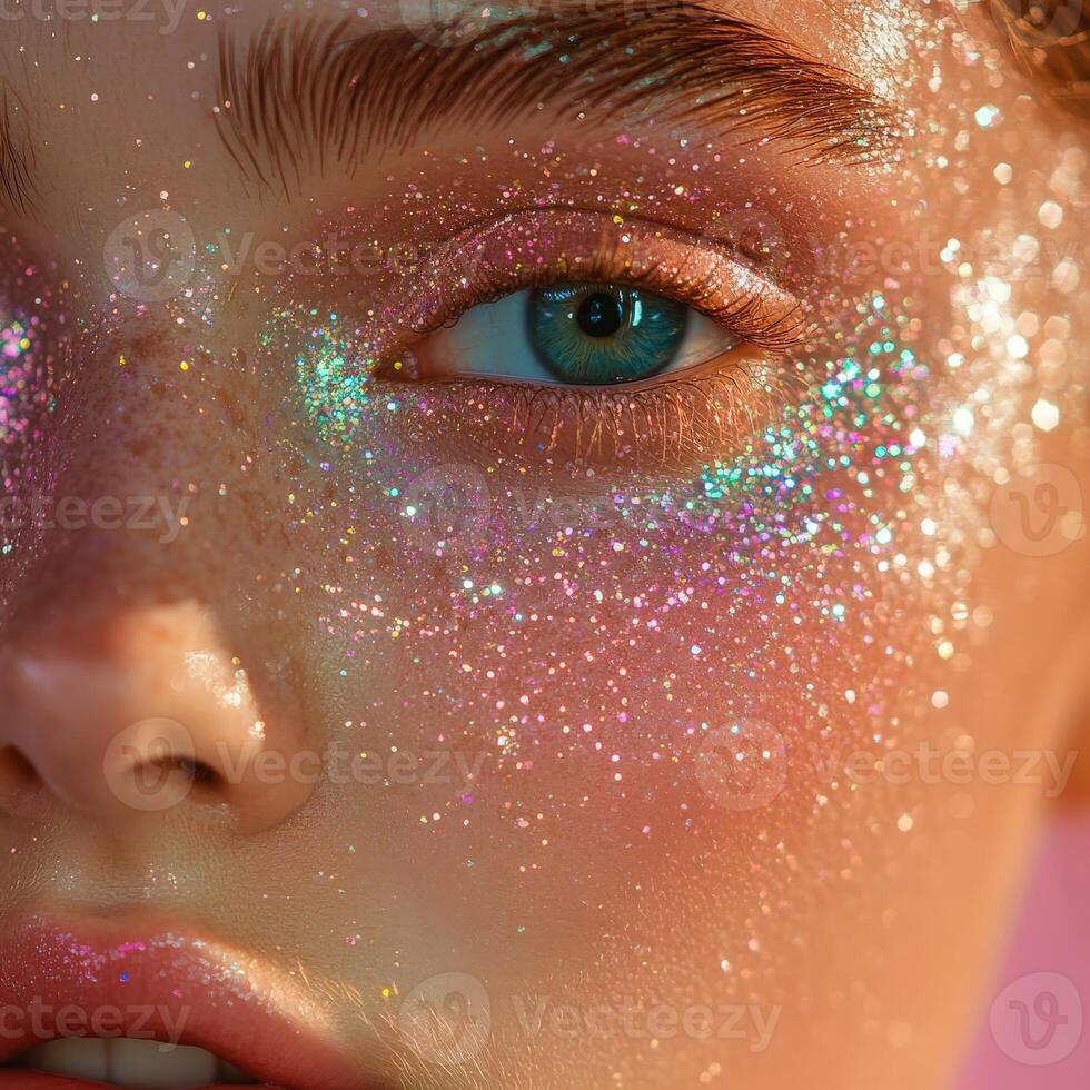 Sparkling makeup with glitter highlights enhancing a striking gaze in soft light conditions during a beauty showcase photo