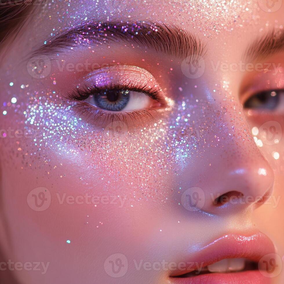 Sparkling glitter makeup creates a dazzling look on a model with radiant skin and mesmerizing eyes in a beauty studio setting photo
